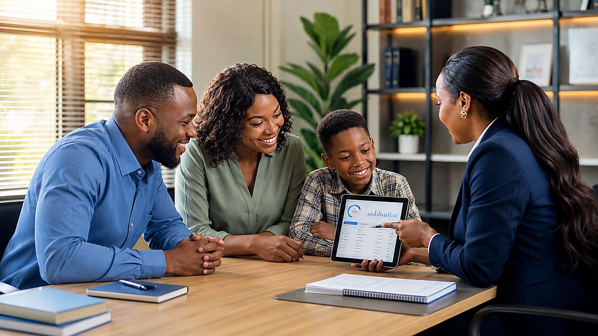 Parents and their son reviewing a progress report with a Brainiac Scholars education consultant