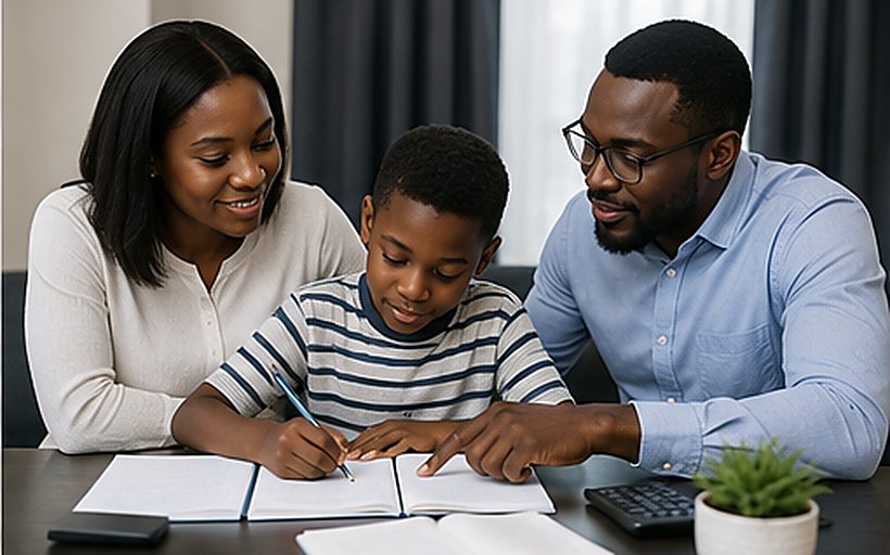 A homeschooling tutor guiding a child through bookwork at home while a parent supports