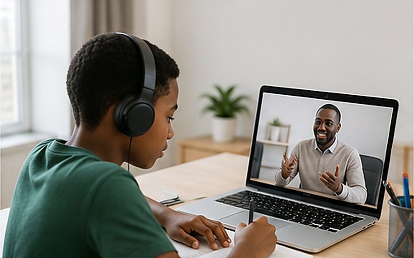 A student wearing headphones taking a live online lesson with a tutor on a laptop